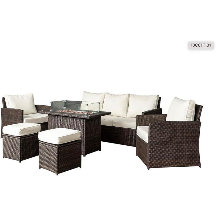 Nustone Rattan Garden Furniture Lounge Dining Set for Seating 7 People With 3 Seater Sofa, 2 Armchairs and 2 Stools