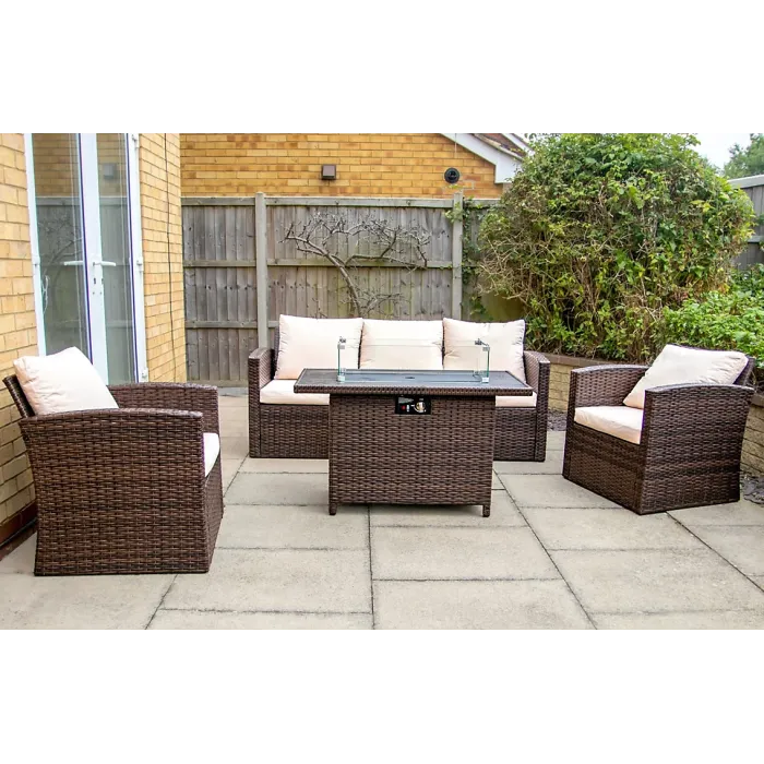 Nustone Rattan Garden Furniture Lounge Dining Set for Seating 7 People With 3 Seater Sofa, 2 Armchairs and 2 Stools