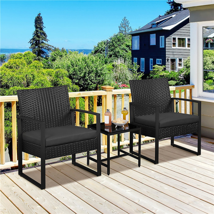 Yaheetech Black 3-Piece Patio Set Rattan Chairs and Table