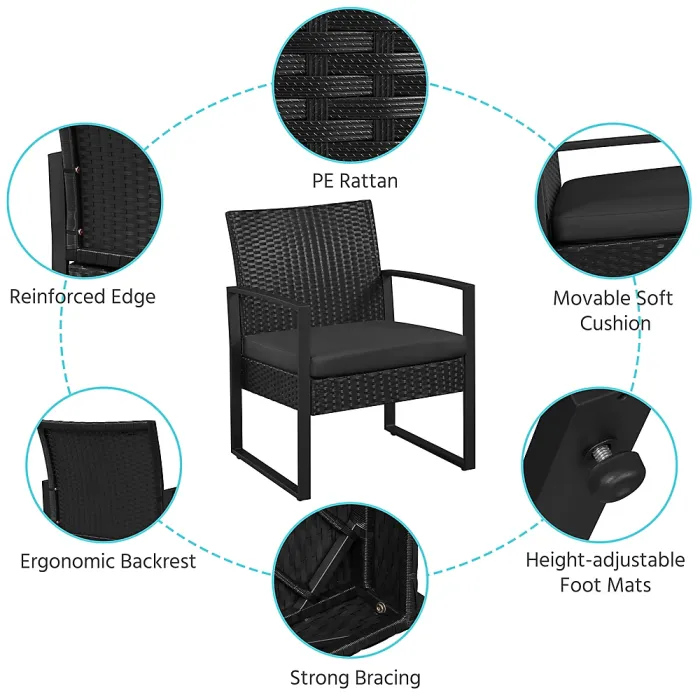 Yaheetech Black 3-Piece Patio Set Rattan Chairs and Table