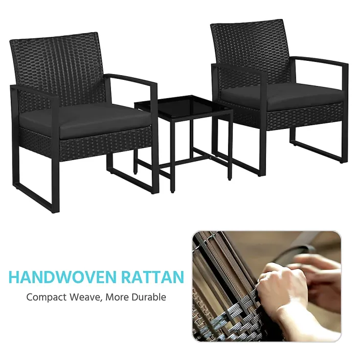 Yaheetech Black 3-Piece Patio Set Rattan Chairs and Table