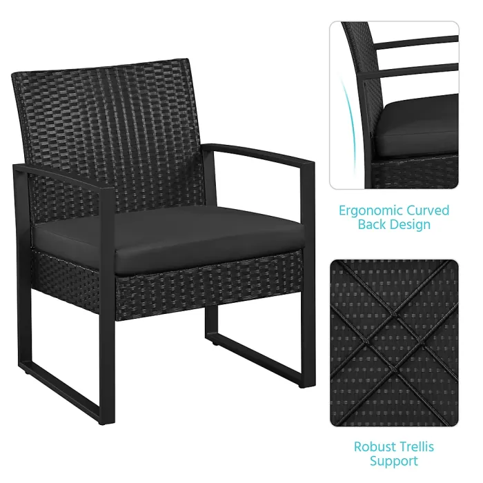 Yaheetech Black 3-Piece Patio Set Rattan Chairs and Table