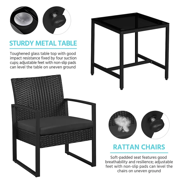 Yaheetech Black 3-Piece Patio Set Rattan Chairs and Table