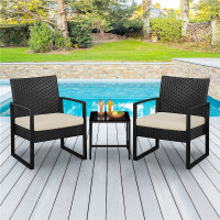 Yaheetech Black/Beige 3-Piece Patio Set Rattan Chairs and Table