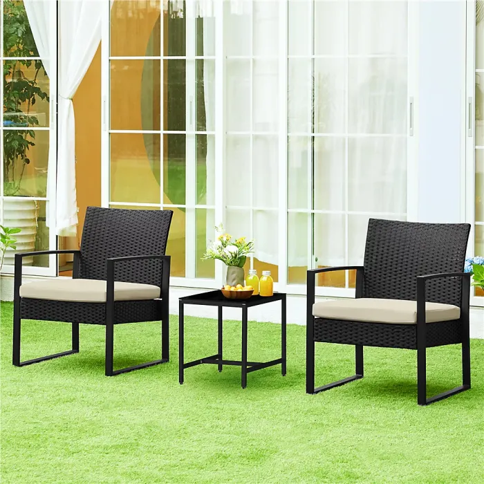 Yaheetech Black/Beige 3-Piece Patio Set Rattan Chairs and Table