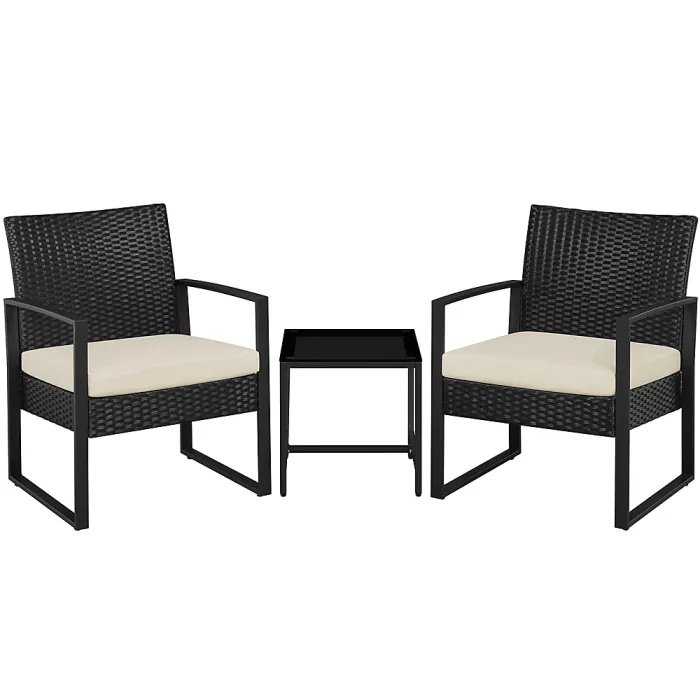 Yaheetech Black/Beige 3-Piece Patio Set Rattan Chairs and Table