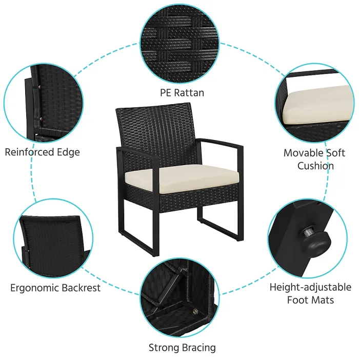 Yaheetech Black/Beige 3-Piece Patio Set Rattan Chairs and Table