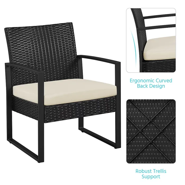 Yaheetech Black/Beige 3-Piece Patio Set Rattan Chairs and Table