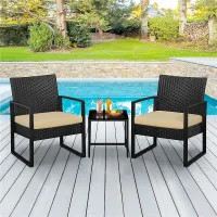 Yaheetech Black/Khaki 3-Piece Patio Set Rattan Chairs and Table