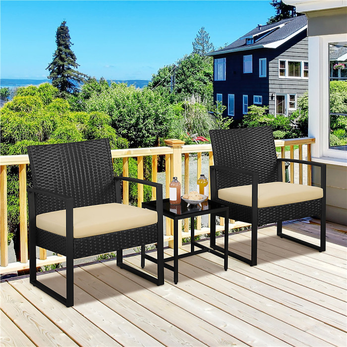 Yaheetech Black/Khaki 3-Piece Patio Set Rattan Chairs and Table