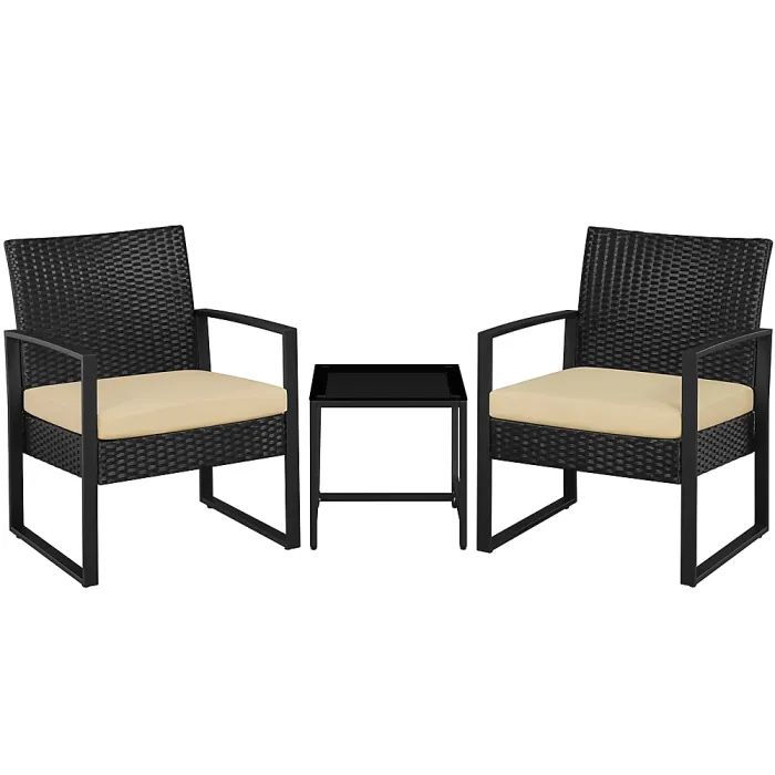 Yaheetech Black/Khaki 3-Piece Patio Set Rattan Chairs and Table