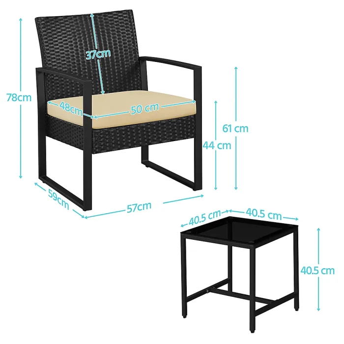 Yaheetech Black/Khaki 3-Piece Patio Set Rattan Chairs and Table