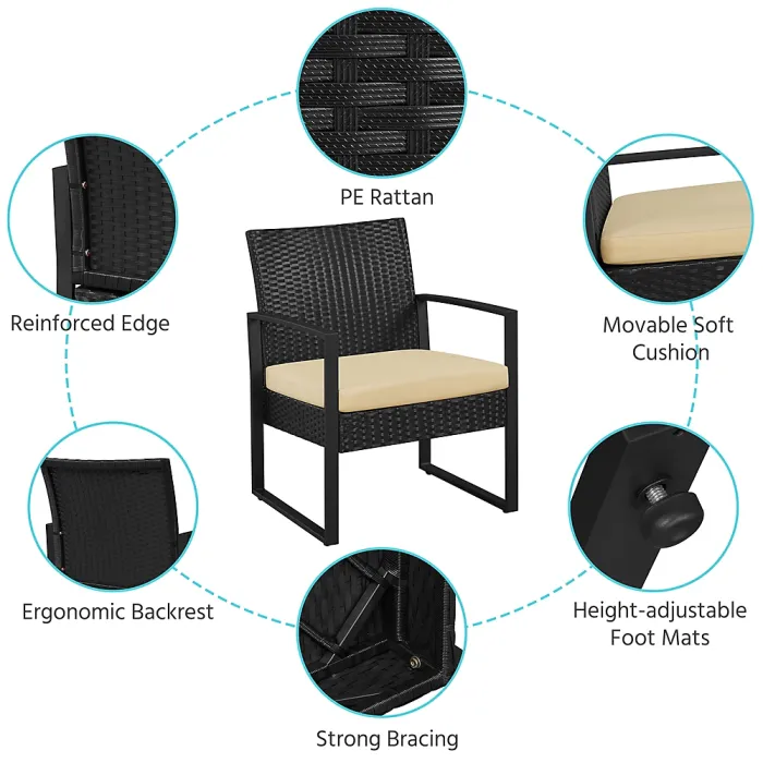 Yaheetech Black/Khaki 3-Piece Patio Set Rattan Chairs and Table