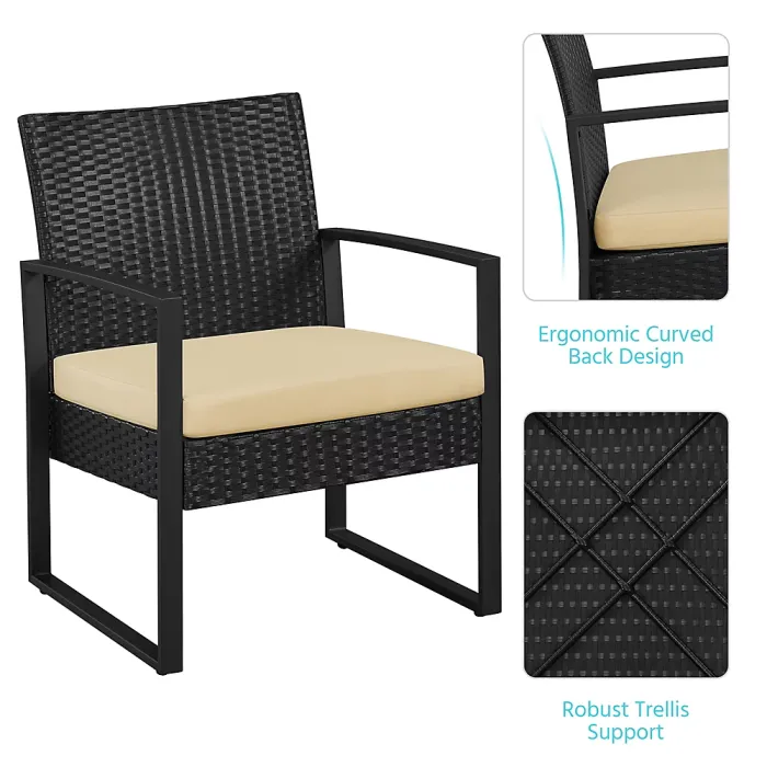 Yaheetech Black/Khaki 3-Piece Patio Set Rattan Chairs and Table