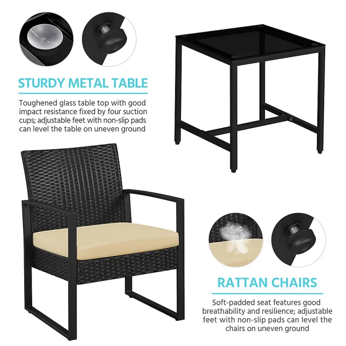 Yaheetech Black/Khaki 3-Piece Patio Set Rattan Chairs and Table