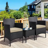 Yaheetech Black/Khaki 3-Piece Wicker Furniture Set Chairs and Table