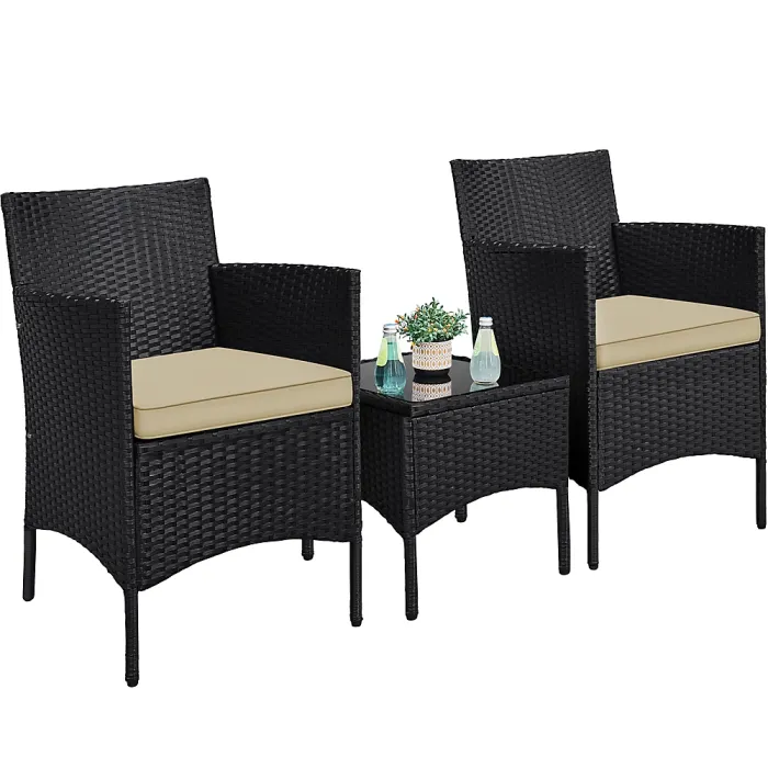 Yaheetech Black/Khaki 3-Piece Wicker Furniture Set Chairs and Table