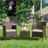Yaheetech Brown/Khaki 3-Piece Wicker Furniture Set Chairs and Table
