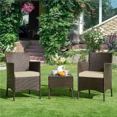 Yaheetech Brown/Khaki 3-Piece Wicker Furniture Set Chairs and Table