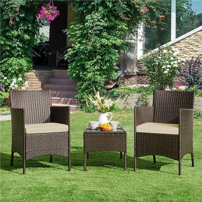 Yaheetech Brown/Khaki 3-Piece Wicker Furniture Set Chairs and Table