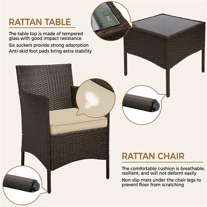 Yaheetech Brown/Khaki 3-Piece Wicker Furniture Set Chairs and Table