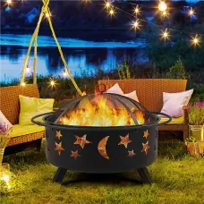 Yaheetech Black Iron Round Fire Pit with Stars Moons Pattern