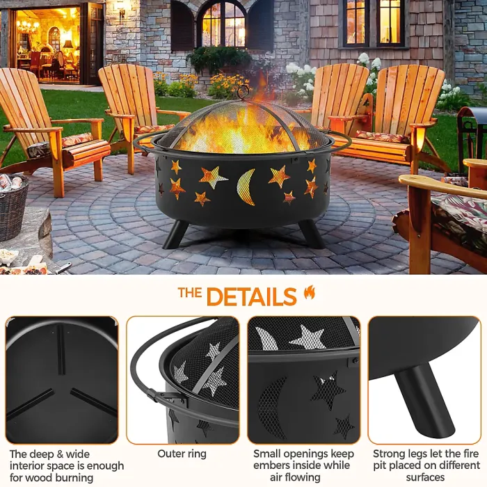 Yaheetech Black Iron Round Fire Pit with Stars Moons Pattern