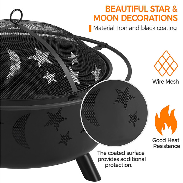 Yaheetech Black Iron Round Fire Pit with Stars Moons Pattern