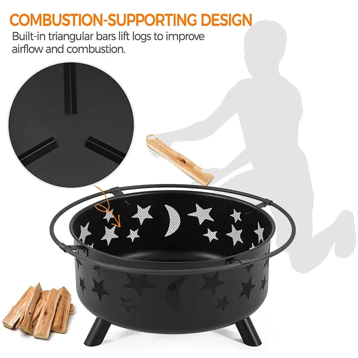 Yaheetech Black Iron Round Fire Pit with Stars Moons Pattern