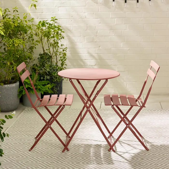 Furniturebox UK Cabo 2 Seat Pink Metal Outdoor Bistro Set with Foldable Table & Chairs
