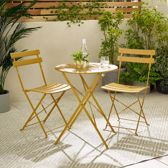 Furniturebox UK Cabo 2 Seat Mustard Yellow Metal Outdoor Bistro Set with Foldable Table & Chairs
