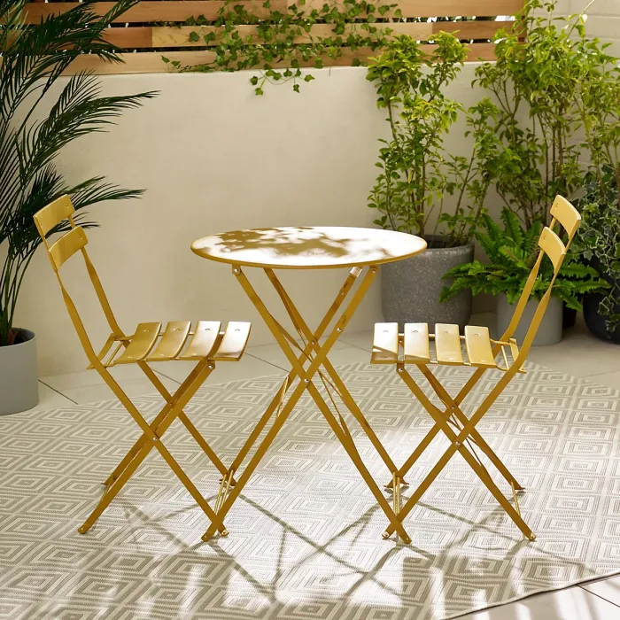 Furniturebox UK Cabo 2 Seat Mustard Yellow Metal Outdoor Bistro Set with Foldable Table & Chairs