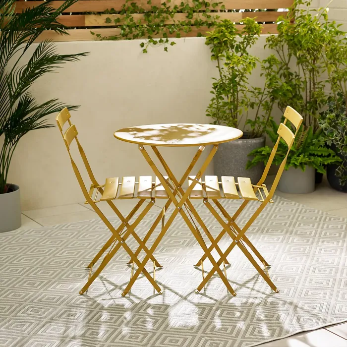 Furniturebox UK Cabo 2 Seat Mustard Yellow Metal Outdoor Bistro Set with Foldable Table & Chairs