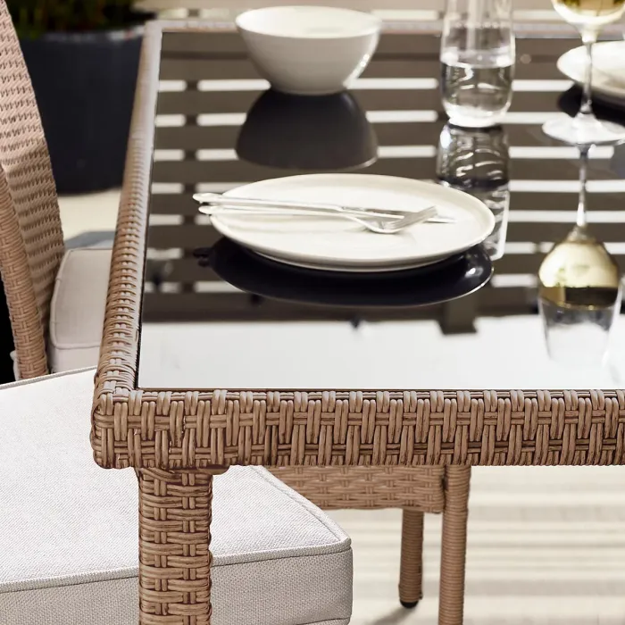 FurnitureboxUK Bali Beige Rattan 4 Seat Garden Dining Set - Glass Top Outdoor Dining Table and Rattan Chairs Set For Patio or Deck