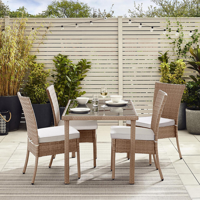 FurnitureboxUK Bali Beige Rattan 4 Seat Garden Dining Set - Glass Top Outdoor Dining Table and Rattan Chairs Set For Patio or Deck