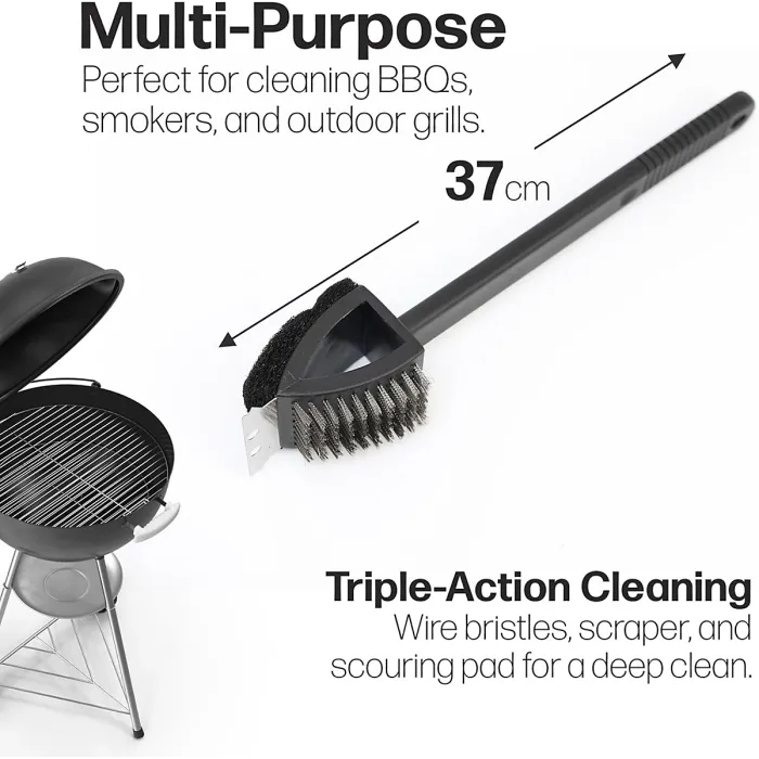 3-in-1 BBQ Grill Cleaning Brush Heavy-Duty Long Handle Grates Cleaner with Scraper & Scrub Pad for Gas, Charcoal & Smoker Grills