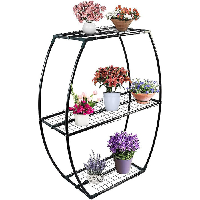 DIVCHI 3Tier Garden Shelving Unit ToolFree Assembly, Black Metal Frame, 100cm Height, 50cm/80cm/50cm Shelves
