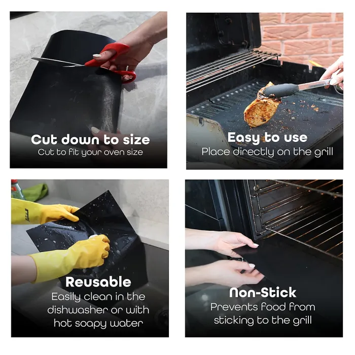 WISDOMWELL BBQ Grill Mat Set of 5 Non Stick Teflon Barbecue Baking Mats for Charcoal, Gas or Electric Grill - Heat Resistant, Reus