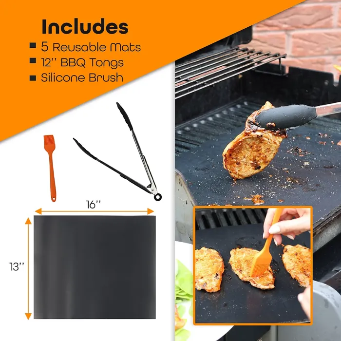 WISDOMWELL BBQ Grill Mat Set of 5 Non Stick Teflon Barbecue Baking Mats for Charcoal, Gas or Electric Grill - Heat Resistant, Reus