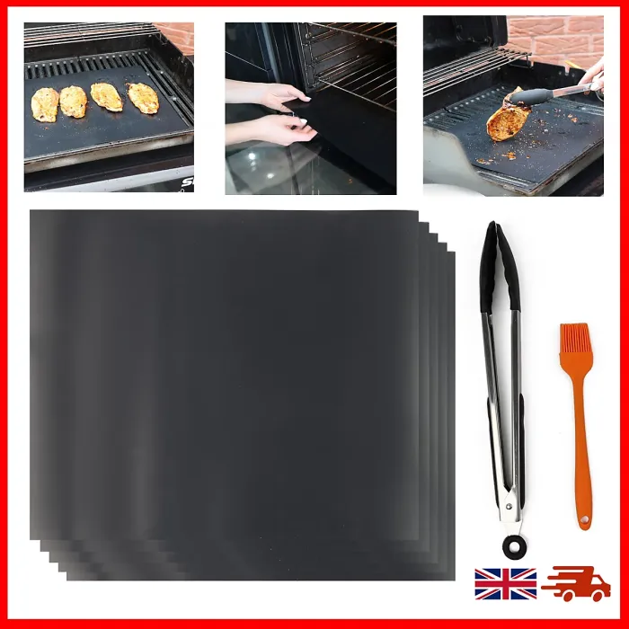 WISDOMWELL BBQ Grill Mat Set of 5 Non Stick Teflon Barbecue Baking Mats for Charcoal, Gas or Electric Grill - Heat Resistant, Reus
