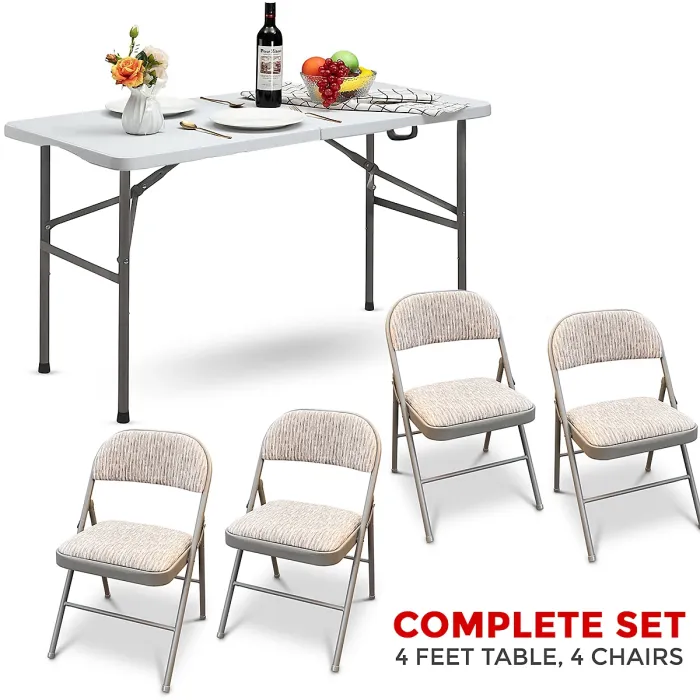 4ft Catering Camping Heavy Duty Folding Trestle Table with 4 chairs Picnic BBQ Party