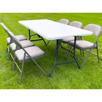 5ft Heavy Duty Folding Trestle Table with 6 Chairs Catering, Camping, Picnic & BBQ Party Table chairs