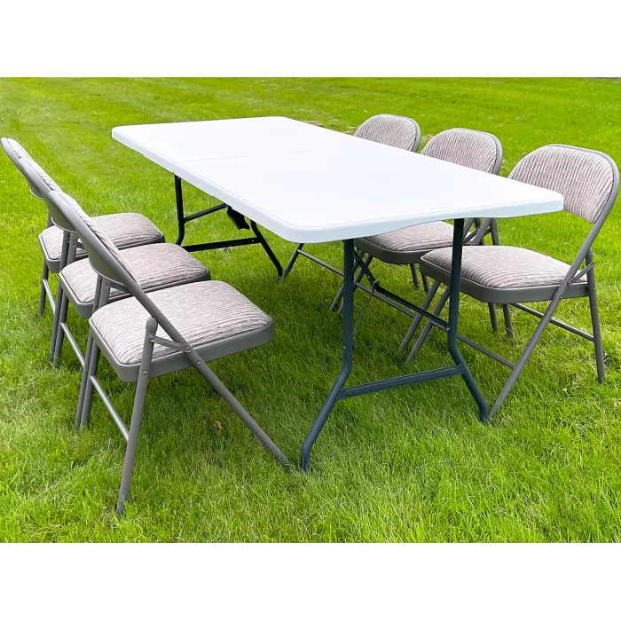 5ft Heavy Duty Folding Trestle Table with 6 Chairs Catering, Camping, Picnic & BBQ Party Table chairs