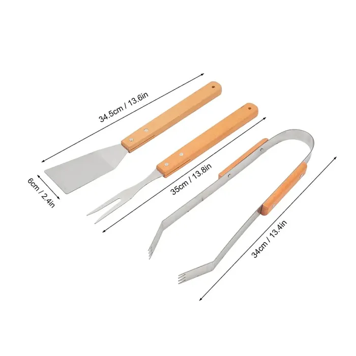3 Pcs BBQ Grill Tool Set Stainless Steel BBQ Grill Tools With Wooden Handles