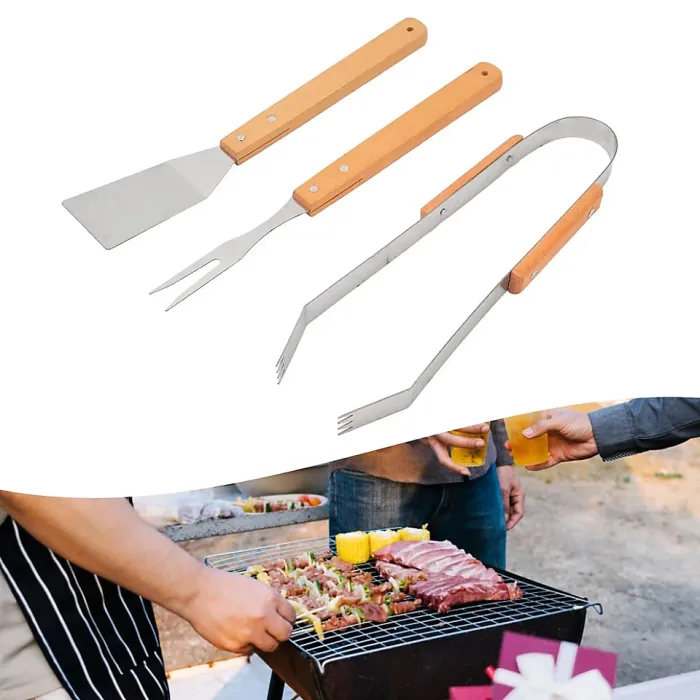 3 Pcs BBQ Grill Tool Set Stainless Steel BBQ Grill Tools With Wooden Handles