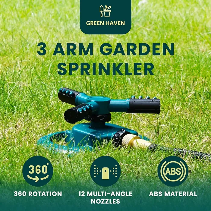 Green Haven Sprinkler 360 Rotation Attachment for Garden Hose Premium Automatic Lawn Water Sprinkler with 3 Arms Blue Green