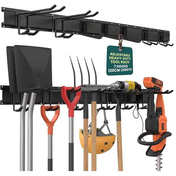 Green Haven Heavy Duty 48-inch Garden Tool Rack Customisable Wall-Mounted Garage Tool Organiser with 7 Adjustable Hooks