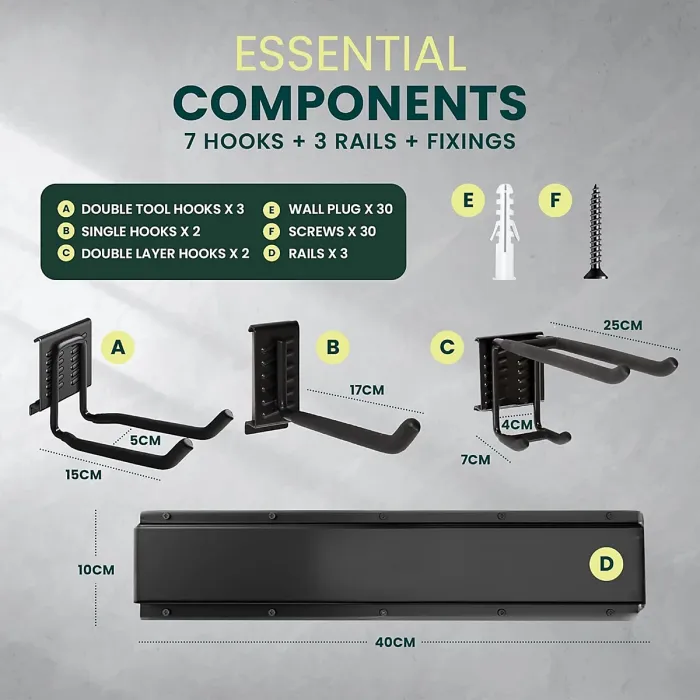 Green Haven Heavy Duty 48-inch Garden Tool Rack Customisable Wall-Mounted Garage Tool Organiser with 7 Adjustable Hooks