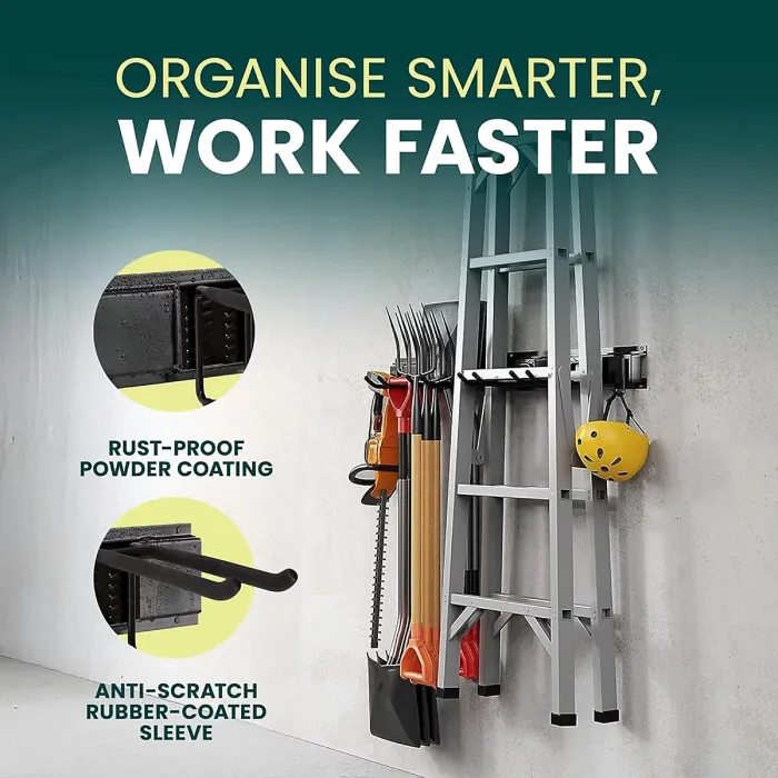 Green Haven Heavy Duty 48-inch Garden Tool Rack Customisable Wall-Mounted Garage Tool Organiser with 7 Adjustable Hooks
