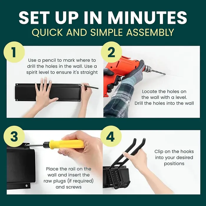 Green Haven Heavy Duty 48-inch Garden Tool Rack Customisable Wall-Mounted Garage Tool Organiser with 7 Adjustable Hooks